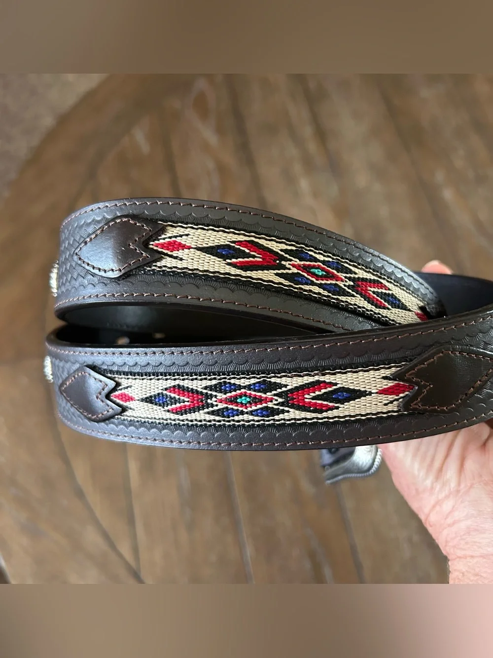 Southwestern Basketweave Brown Leather Belt Embroidered Aztec Inlay With Conchos